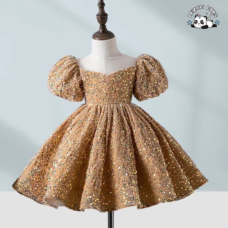 LEZONKIDS - Novo Vestido de Princesa de Aniversário com Lantejoulas, Vestido de Primeiro Ano, Vestido de Desempenho, Vestido de Menina, Vestido de Florista de Casamento com Manga Bolha